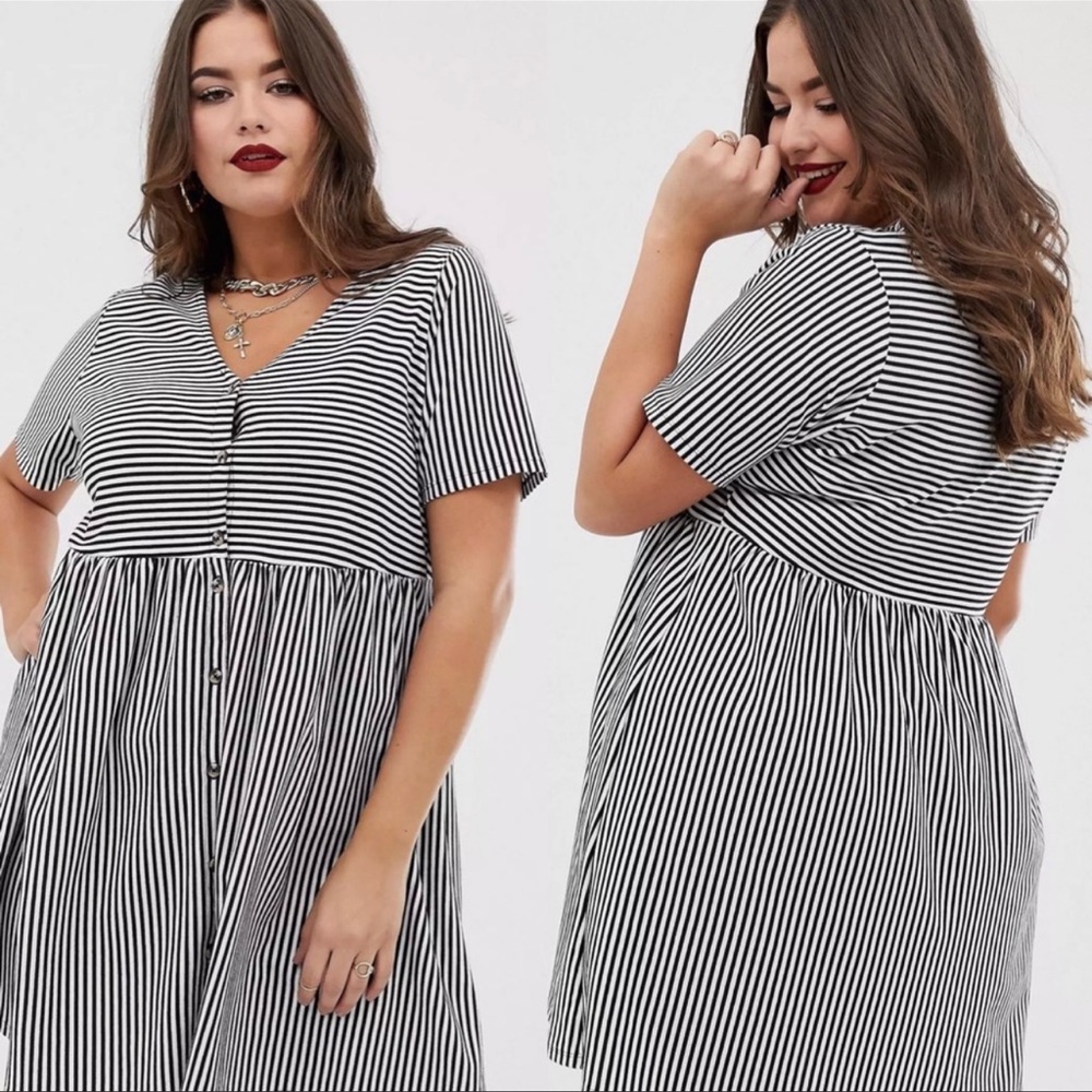 ASOS DESIGN Curve Mini V-neck Button Smock Dress Stripe Plus Size 22 Black White